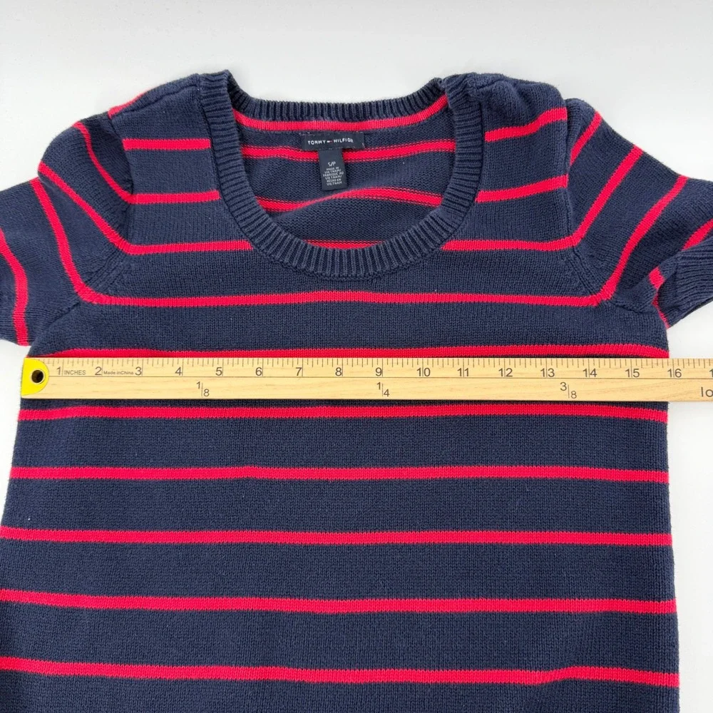 Tommy‎ Hilfiger Women Navy Blue Red Striped Short Sleeve Sweater Top Size SP